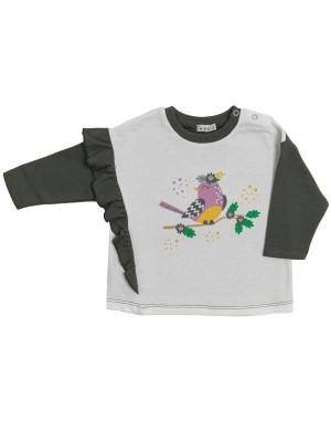 Джемпер лонгслив с начесом для девочки Птичка на ветке, белый