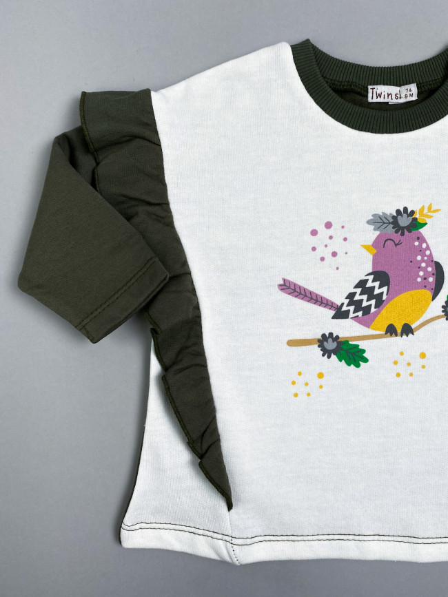 Джемпер лонгслив с начесом для девочки Птичка на ветке, белый Джемпер лонгслив с начесом для девочки Птичка на ветке, белый