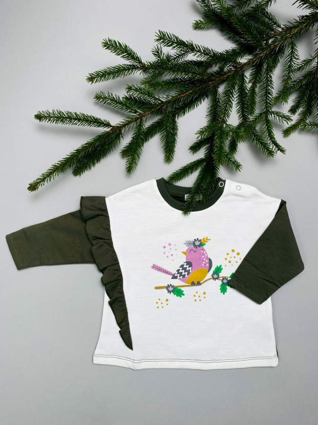 Джемпер лонгслив с начесом для девочки Птичка на ветке, белый Джемпер лонгслив с начесом для девочки Птичка на ветке, белый