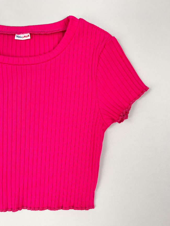 Кроп топ детский для девочек, с коротким рукавом, Рибана, малиновый Кроп топ детский для девочек, с коротким рукавом, Рибана, малиновый