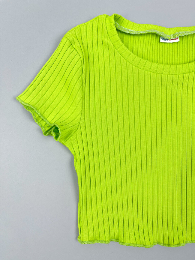 Кроп топ детский для девочек, с коротким рукавом, Рибана, неоновый Кроп топ детский для девочек, с коротким рукавом, Рибана, неоновый