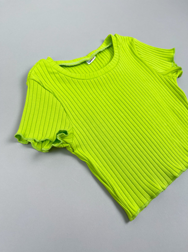 Кроп топ детский для девочек, с коротким рукавом, Рибана, неоновый Кроп топ детский для девочек, с коротким рукавом, Рибана, неоновый