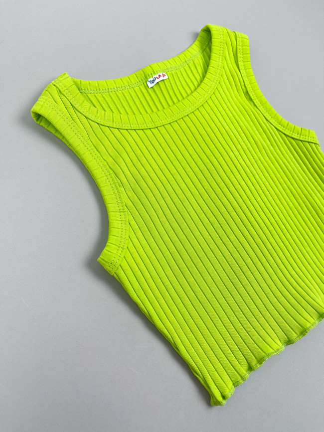 Кроп топ детский для девочек, без рукавов, Рибана, неоновый Кроп топ детский для девочек, без рукавов, Рибана, неоновый