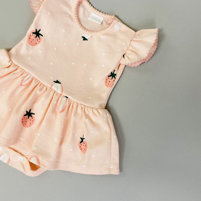 Боди-платье с коротким рукавом, розовое, Клубнички Боди-платье с коротким рукавом, розовое, Клубнички