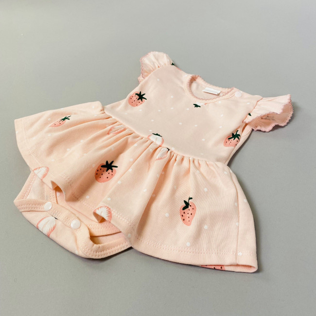 Боди-платье с коротким рукавом, розовое, Клубнички Боди-платье с коротким рукавом, розовое, Клубнички