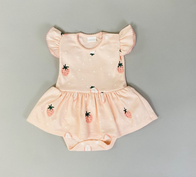 Боди-платье с коротким рукавом, розовое, Клубнички Боди-платье с коротким рукавом, розовое, Клубнички