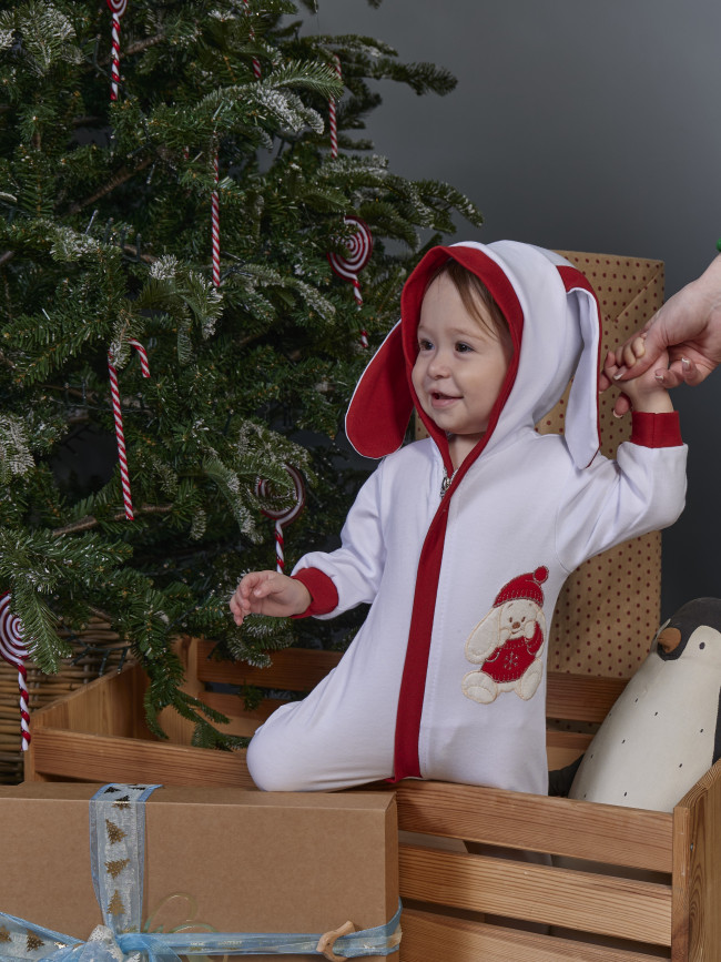 Новогодний нарядный комбинезон слип с ушками и капюшоном, Заяц Новогодний нарядный комбинезон слип с ушками и капюшоном, Заяц