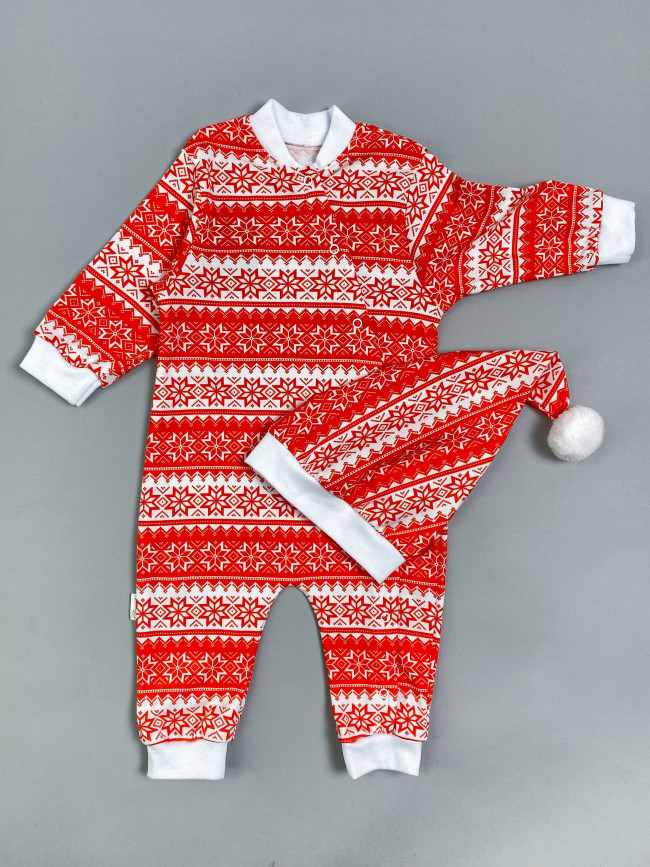 Новогодний комбинезон слип с колпачком, Звездочка, красный с белым